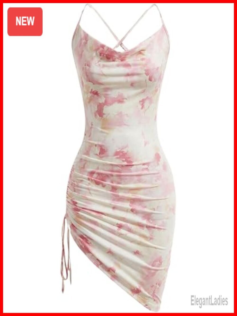 Tie Dye Criss Cross Backless Ruched Drawstring Bodycon Cowl Neck Dress